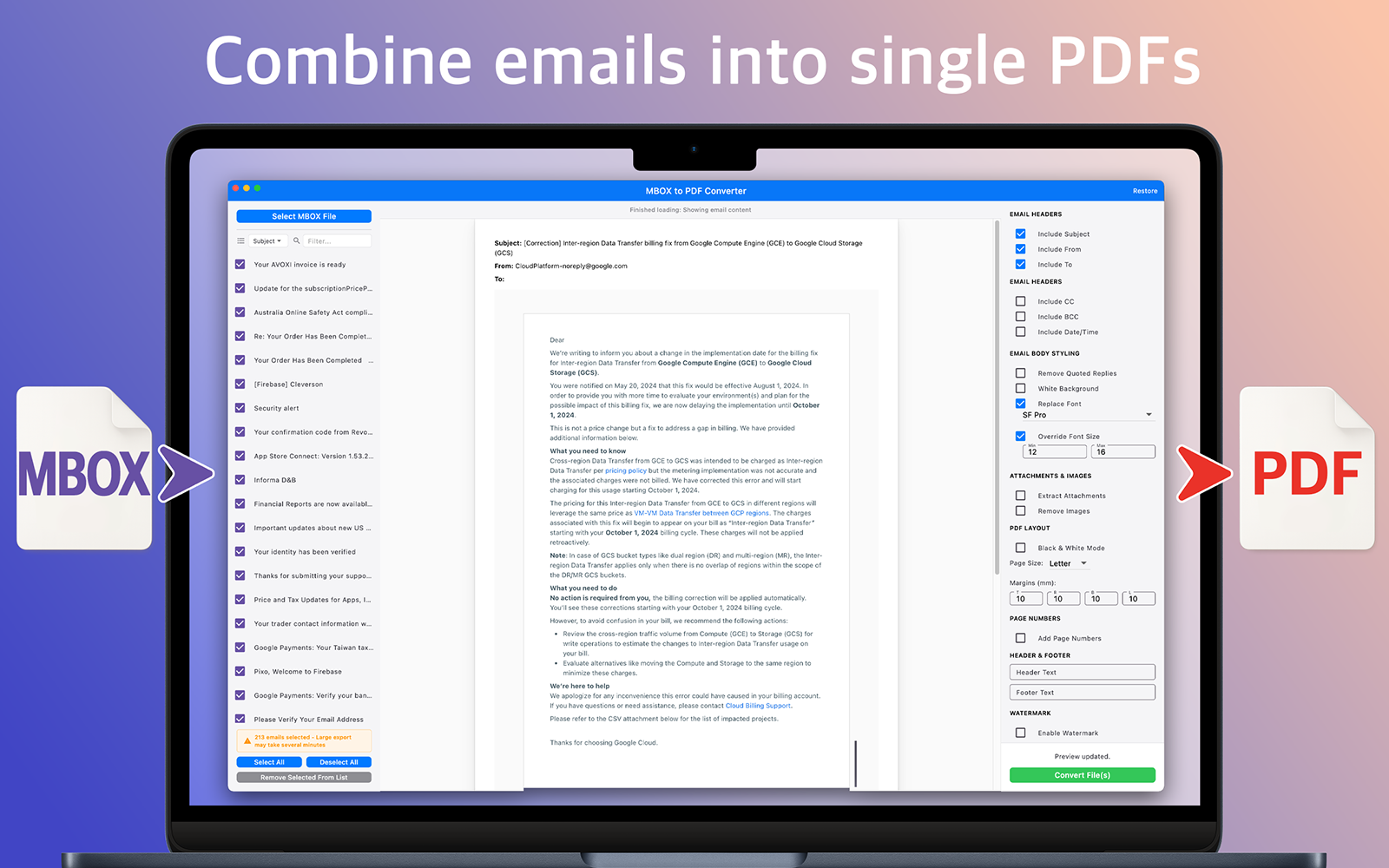 Combine emails into single PDFs with continuous pagination